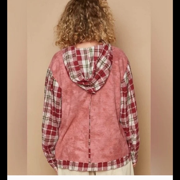 New POL Star Patch Plaid Flannel Long Sleeve Hooded Top Hoodie  Size Large - Picture 4 of 10
